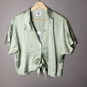 Princess Polly Green Satin Button Up Collared Blouse Cropped Women's Size‎ 10